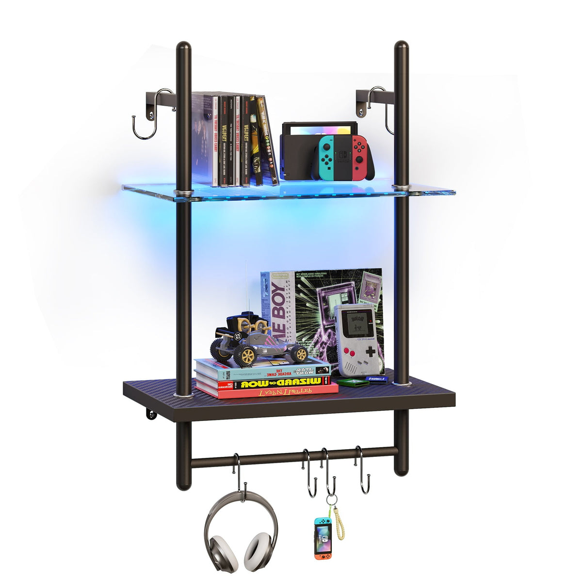 Bestier 2-Tier Floating Shelves for Wall with LED Light 15" x 23" Wall-Mounted Wood Shelves with 6 S-Hooks, Black Carbon Fiber