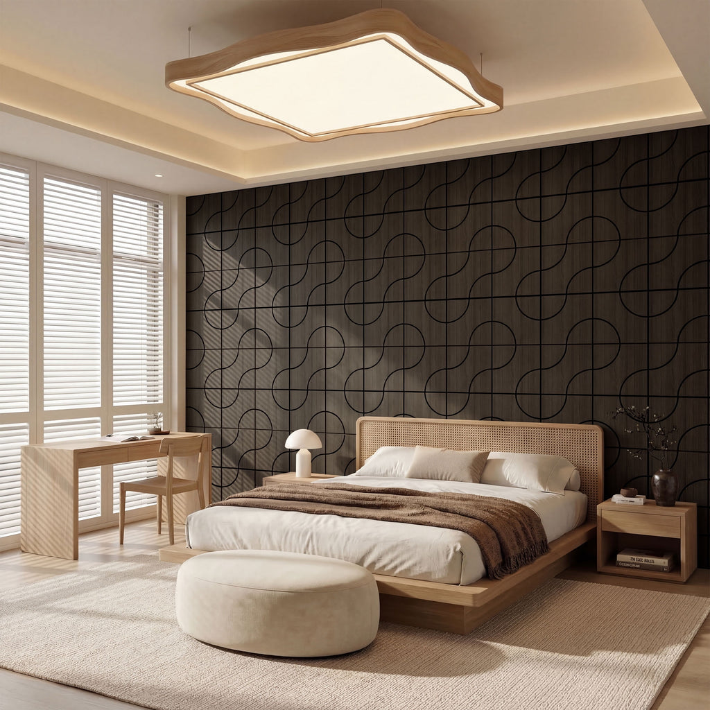 MuroPanel Geometric Curved Acoustic Wood Slat Wall Tiles 4-Pack 24"x24", Modern Black 3D Wall Panels