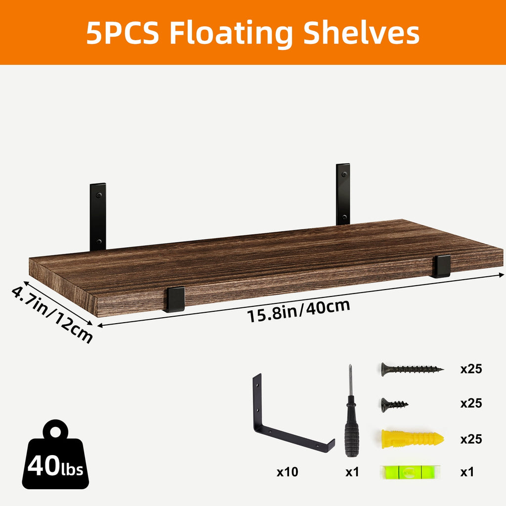 Fairy Floating Shelves, Rustic Wood Wall Storage Shelves Set of 5, 15.7in x 4.7in x 0.6in, Dark Carbonized Black