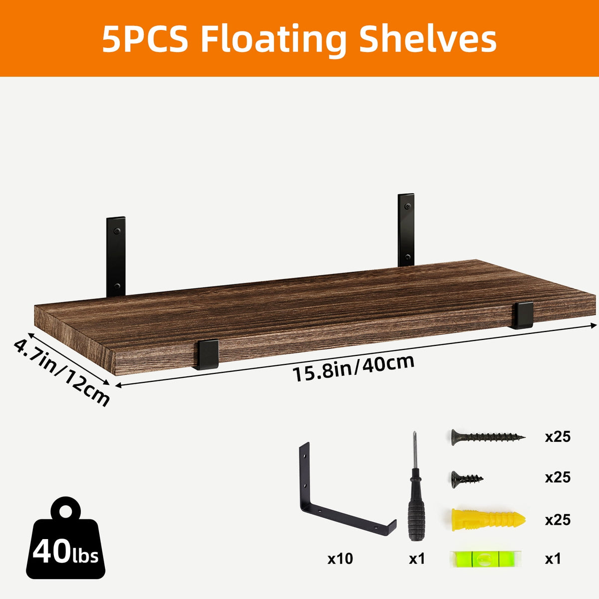 Fairy Floating Shelves, Rustic Wood Wall Storage Shelves Set of 5, 15.7in x 4.7in x 0.6in, Dark Carbonized Black
