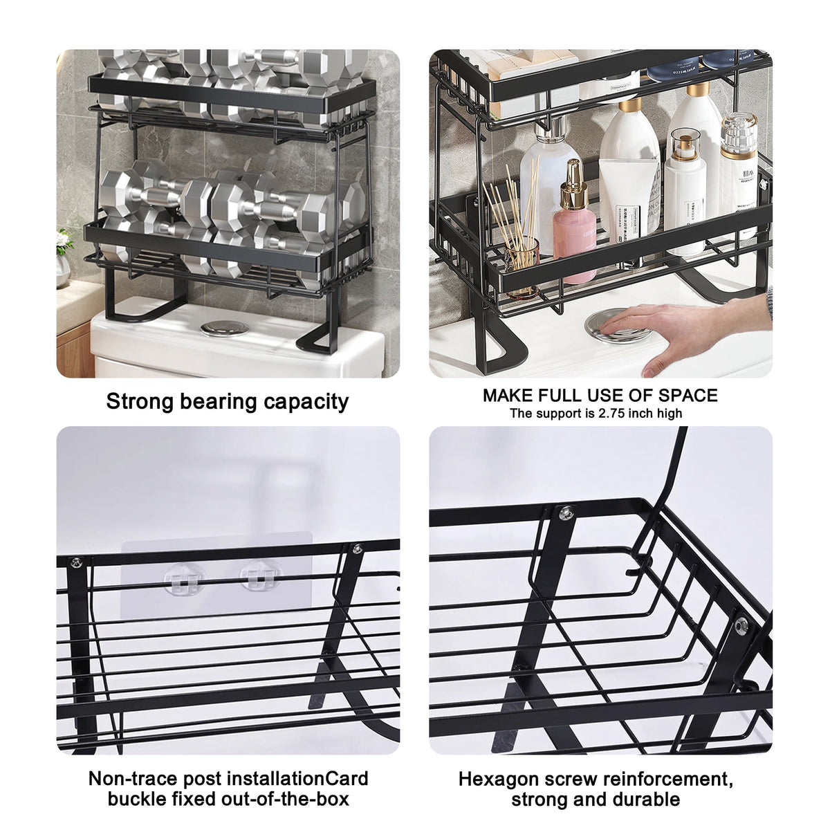 Junjian Over The Toilet Storage Shelf, 3-Tier Bathroom Storage Organizer Upgrade Punch-Free Toliet Storage Shelf, Home Storage Rack with Hooks Shelf