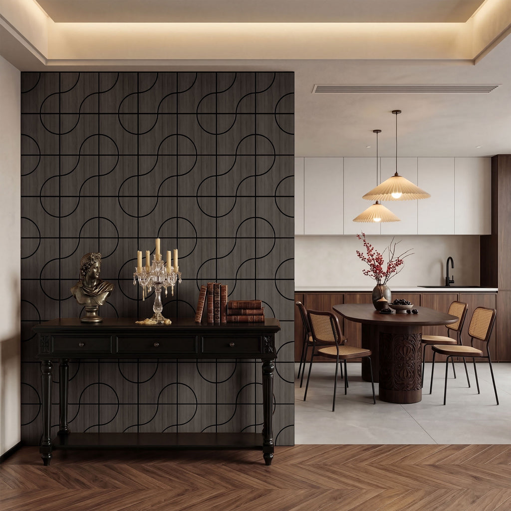 MuroPanel Geometric Curved Acoustic Wood Slat Wall Tiles 4-Pack 24"x24", Modern Black 3D Wall Panels