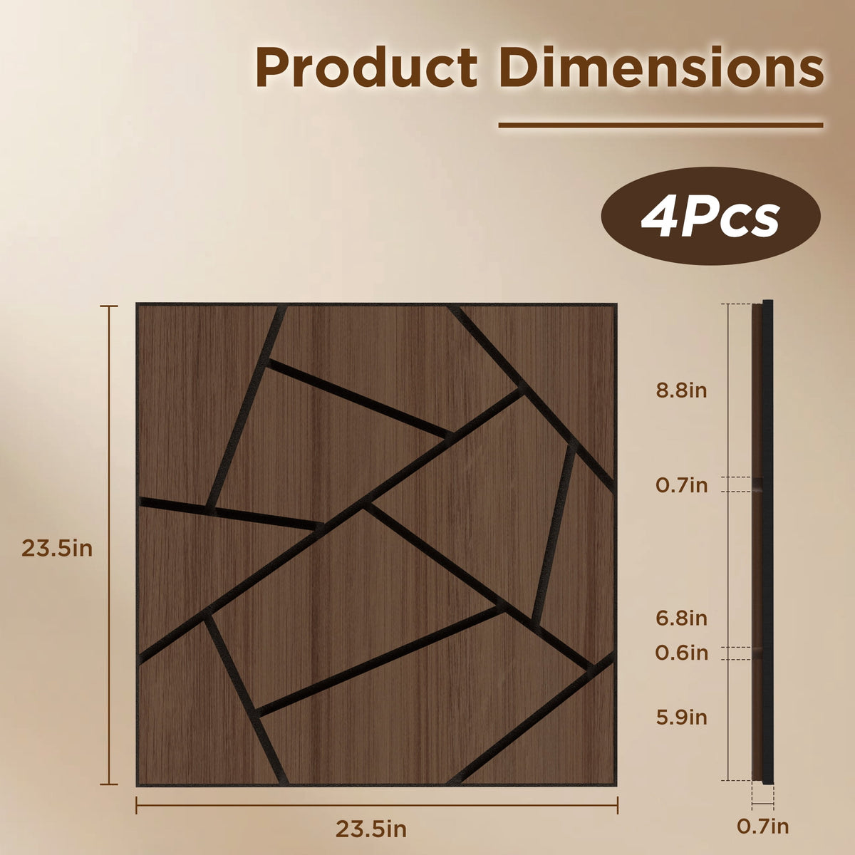 MuroPanel Abstract Polygon Acoustic Wood Slat Wall Tiles 4-Pack 24"x24", Modern 3D Wall Panels, Walnut
