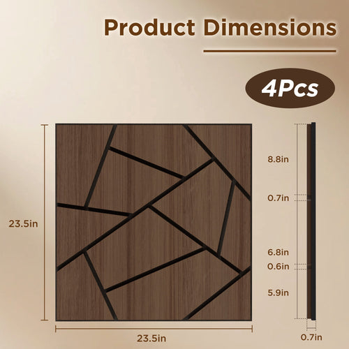 MuroPanel Abstract Polygon Acoustic Wood Slat Wall Tiles 4-Pack 24"x24", Modern 3D Wall Panels, Walnut