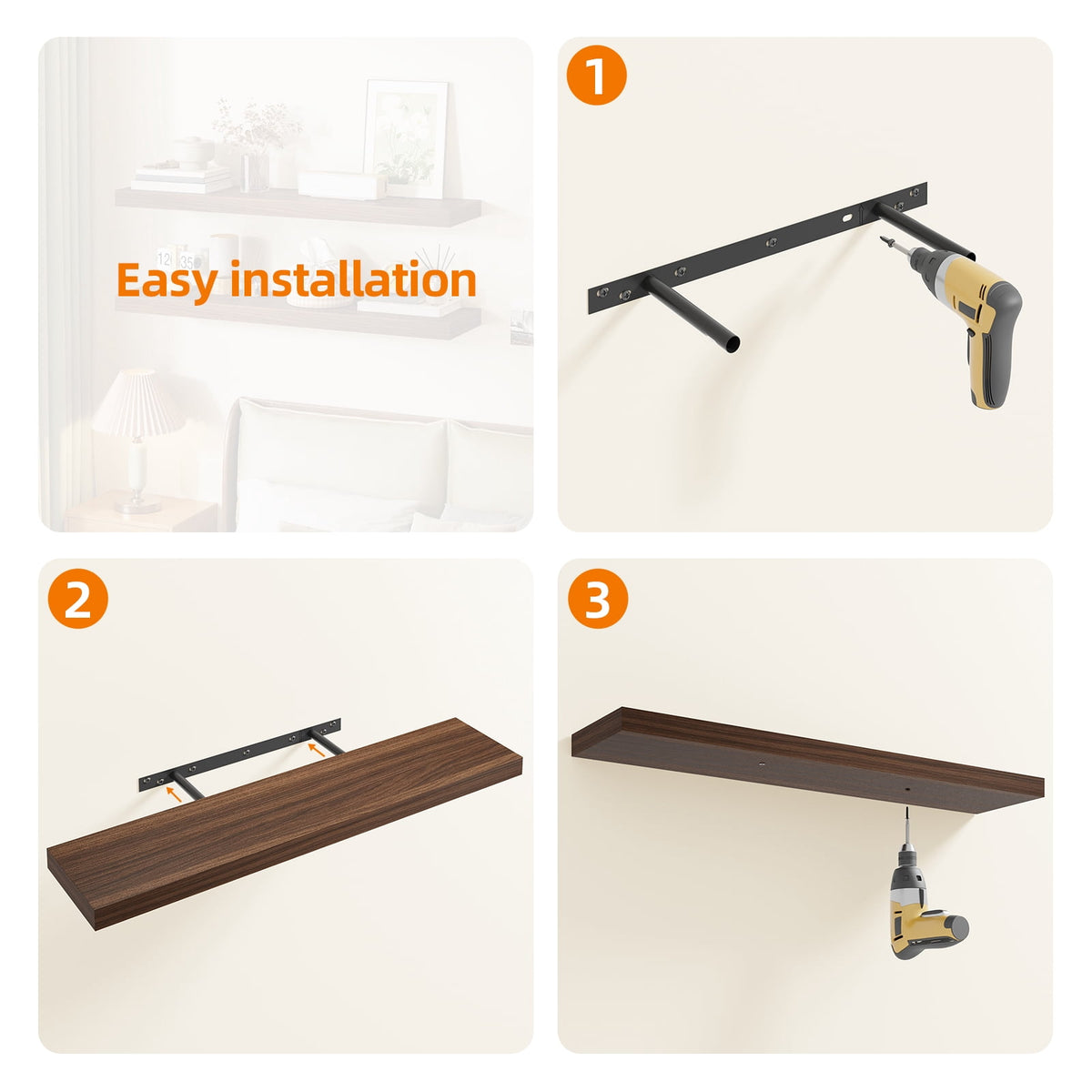 Fairy 2pcs Floating Shelves for Wall, 31.5in Walnut Wall Mounted Shelves, Rustic Wood Display Shelves for Bathroom, Kitchen, Living Room, Bedroom Decor