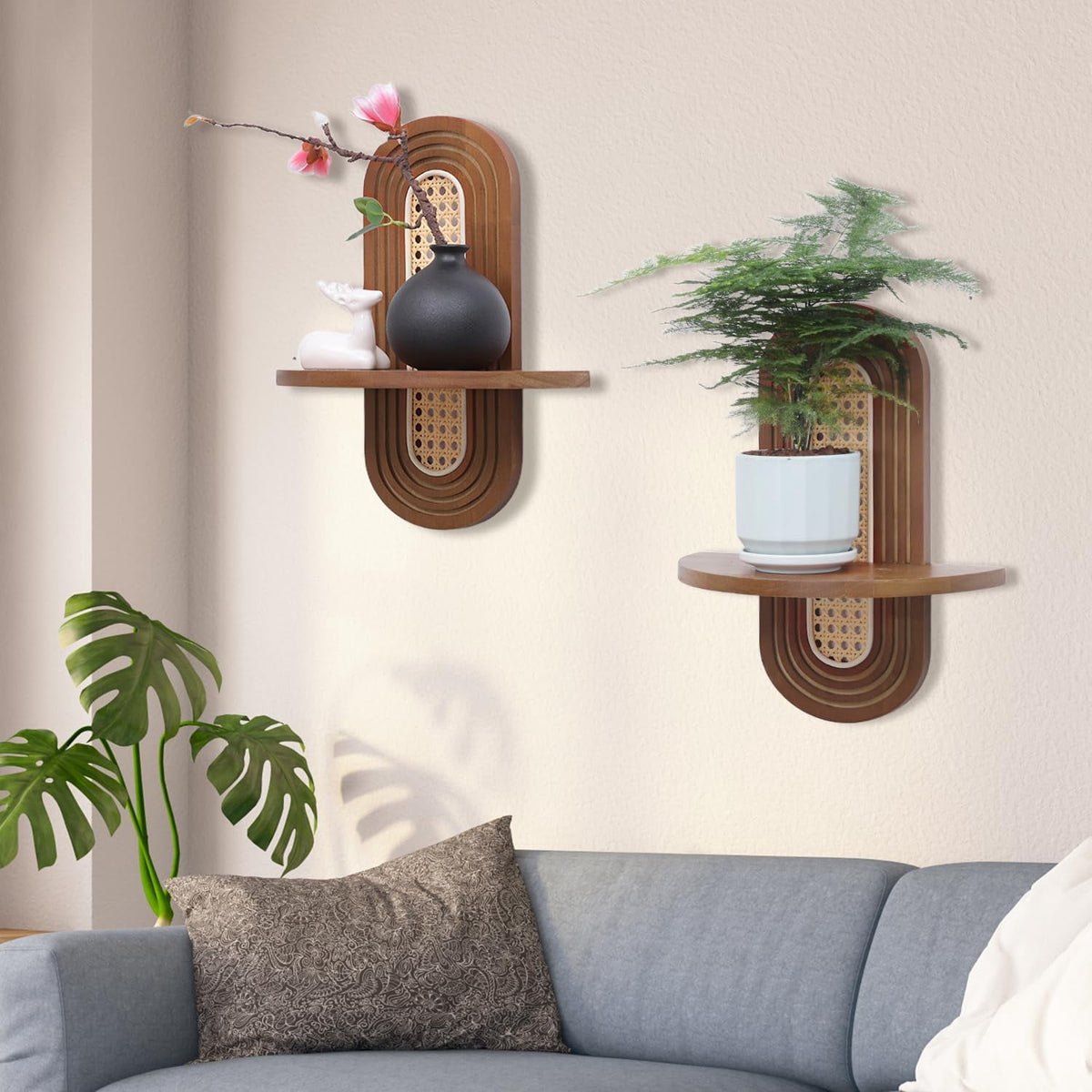 Floating Shelves for Wall, Boho Rattan Shelf Set of 2, Nature Wood Shelves for Living Room, Bedroom