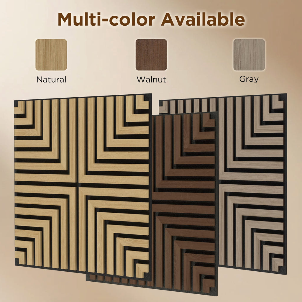 MuroPanel Concentric Square Acoustic Wood Slat Wall Tiles 4-Pack 24"x24", 3D Wall Panels, Walnut
