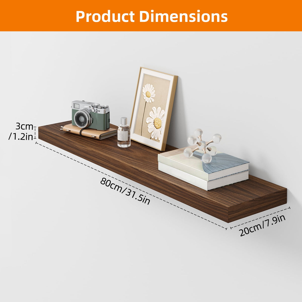 Fairy 2pcs Floating Shelves for Wall, 31.5in Walnut Wall Mounted Shelves, Rustic Wood Display Shelves for Bathroom, Kitchen, Living Room, Bedroom Decor