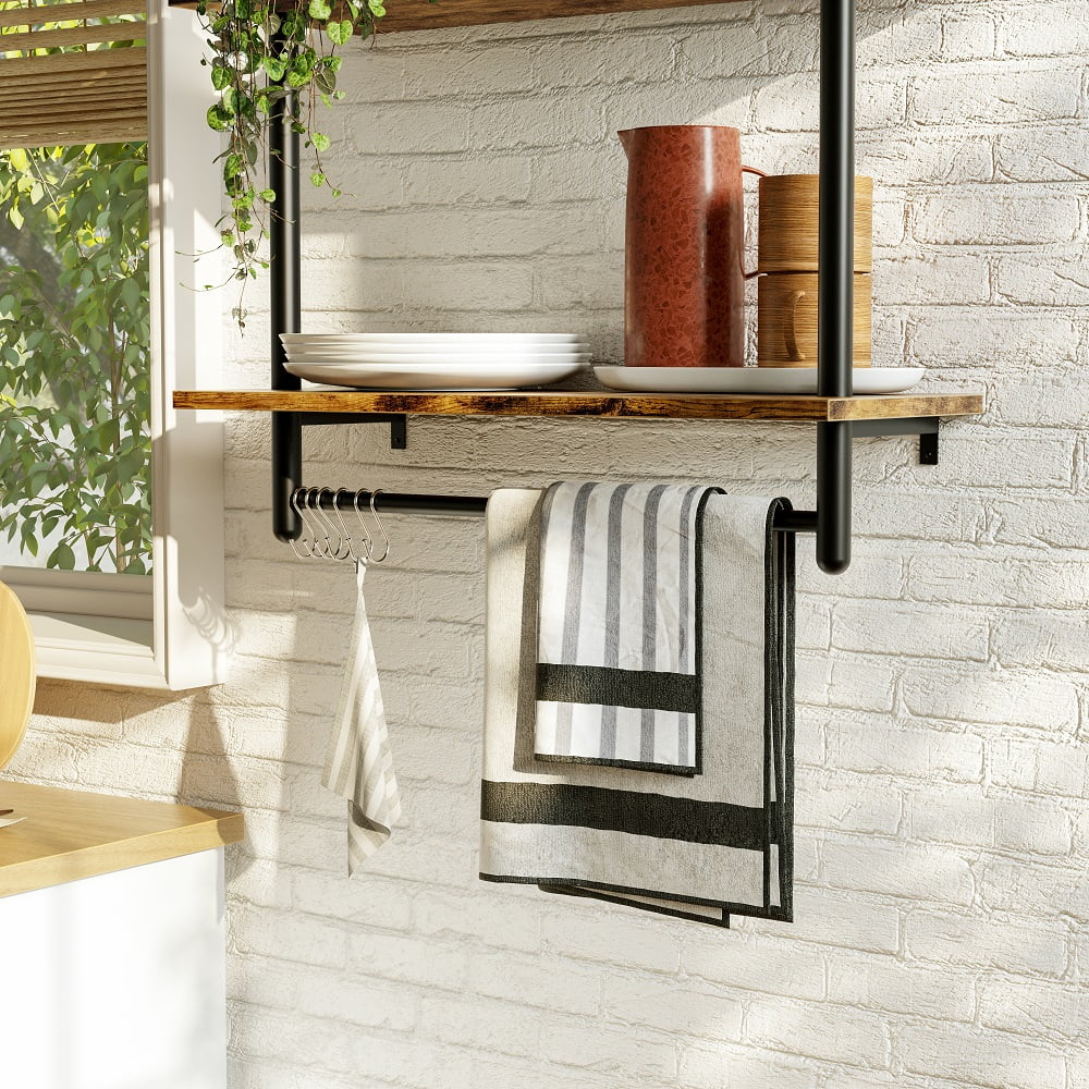 Bestier 38 inch Wall Mounted Floating Shelves with Towel Bar & Hooks Bookshelf in Rustic