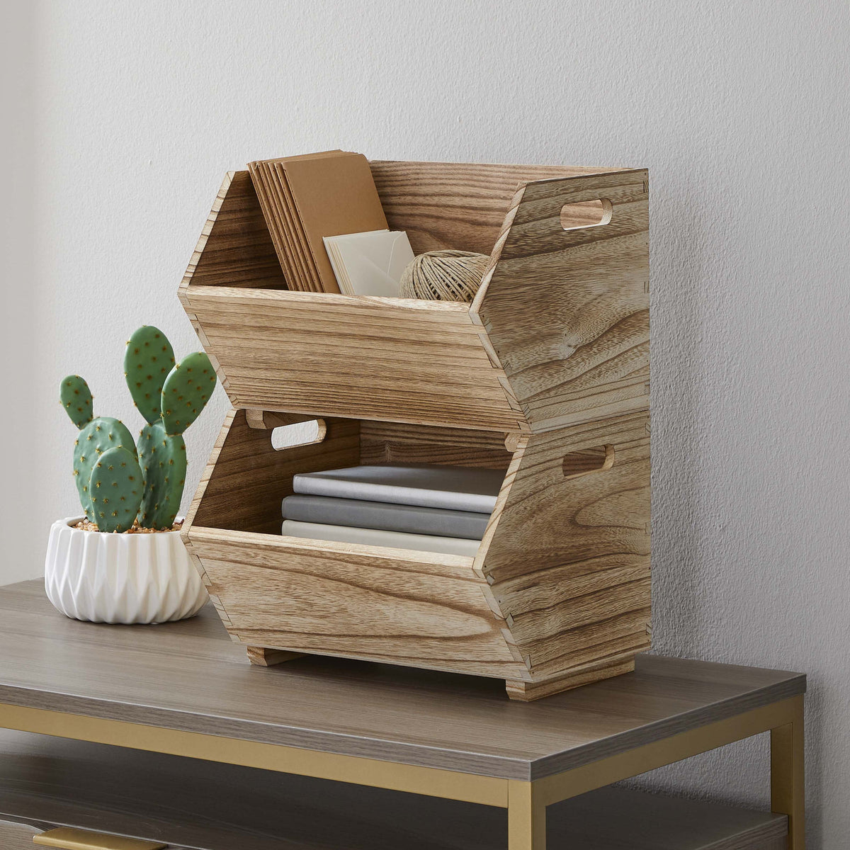Better Homes & Gardens 2-Piece Set Natural Wood Stacking Open Front Decorative Storage Bins, 11 in x 16.5 in x 10 in