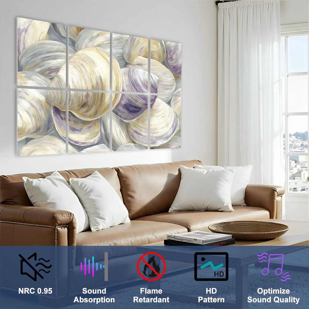 8 Pack Art Acoustic Panels Sound Absorbing White Oyster Shells Seamless Soft Tones Decorative Soundproof Wall Panels Self Adhesive for Nursery Game Room Bedroom 48"x32"