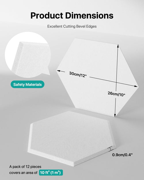 Soundsbay Acoustic Wall Panels Hexagon Self-Adhesive Soundproof Absorbing Noise Cancelling Wall Panels 12 Pack White 12'' x 10'' x 0.4''