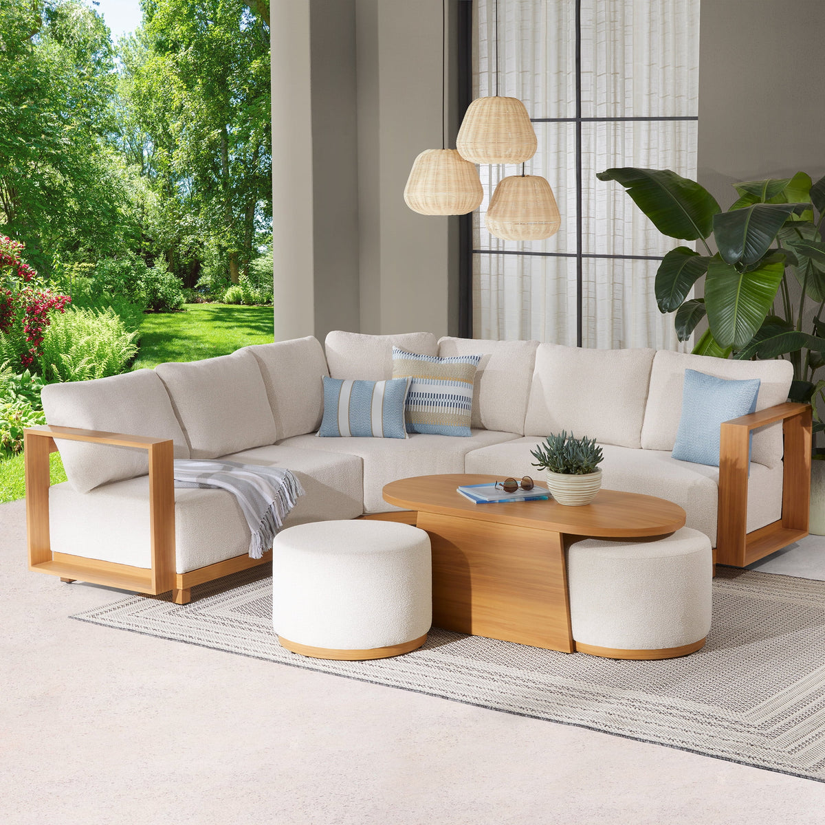Better Homes & Gardens Juliet Outdoor Coffee Table with 2 Ottomans and Patio Cover, Beige