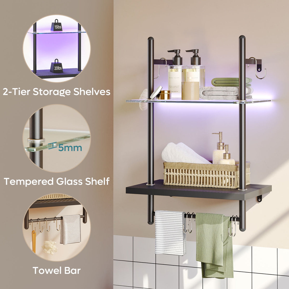 Bestier 2-Tier Floating Shelves for Wall with LED Light 15" x 23" Wall-Mounted Wood Shelves with 6 S-Hooks, Black Carbon Fiber