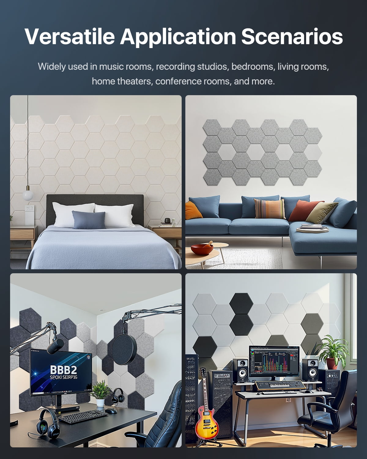 Soundsbay Acoustic Wall Panels Hexagon Self-Adhesive Soundproof Absorbing Noise Cancelling Wall Panels 12 Pack White 12'' x 10'' x 0.4''