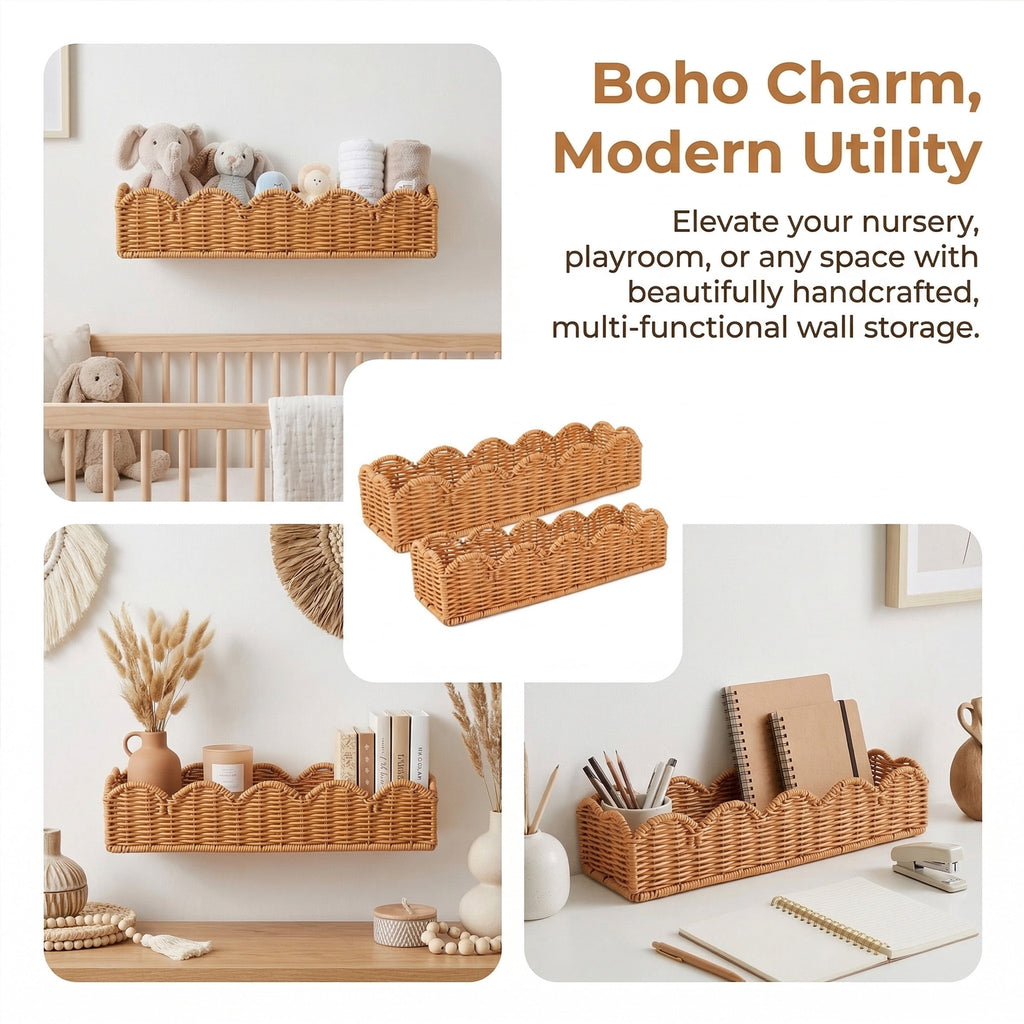 HBK Rattan Nursery Book Shelves Set of 2, Scalloped Wall Mounted Bookshelf for Kids Room, Boho Floating Shelf, 15.7 in