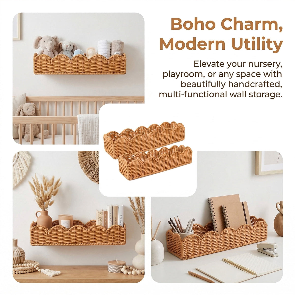HBK Rattan Nursery Book Shelves Set of 2, Scalloped Wall Mounted Bookshelf for Kids Room, Boho Floating Shelf, 15.7 in