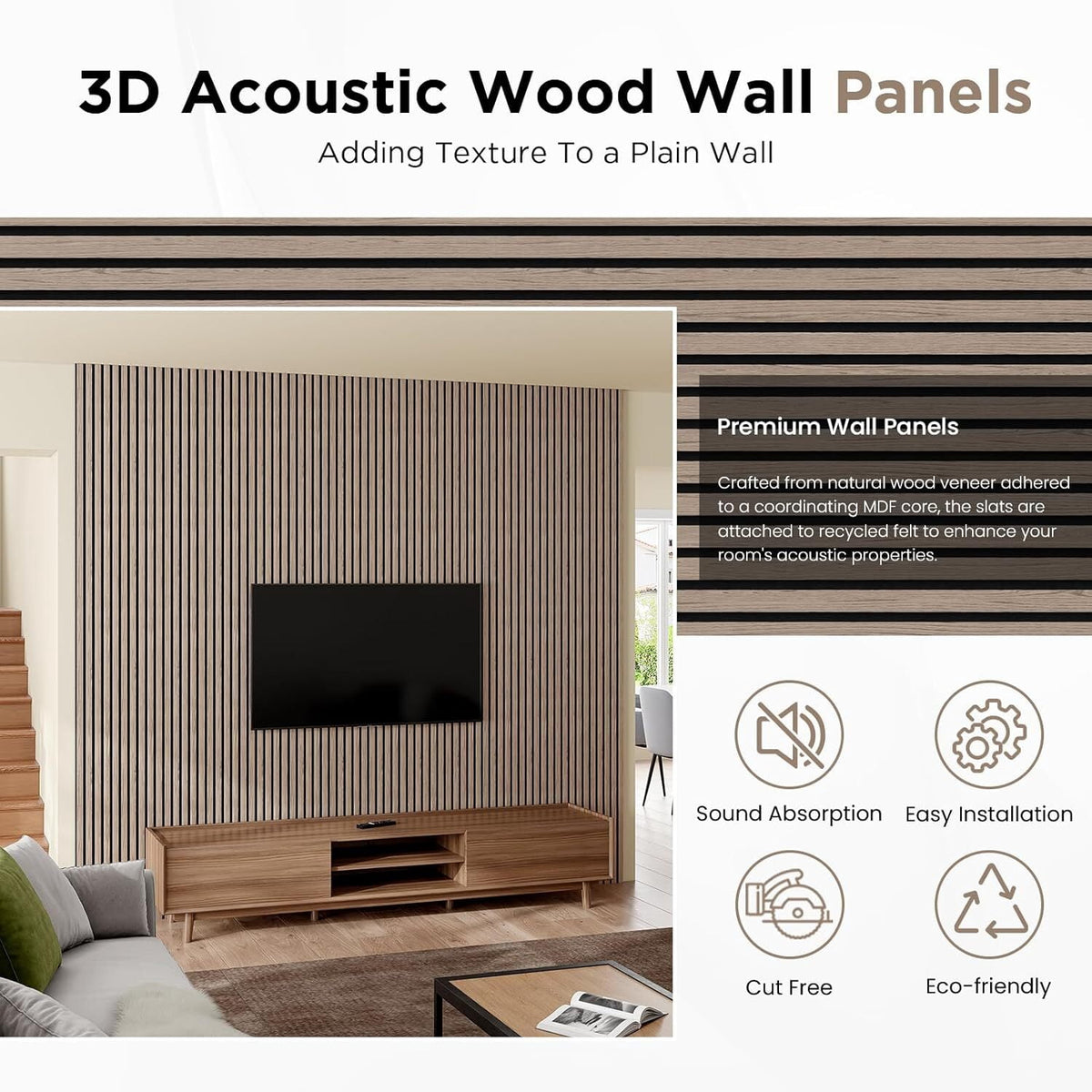 Easy4Home 6Pcs Wood Soundproof Wall Panels 94" x 7.9" Wood Slat Acoustic Panels,Walnut