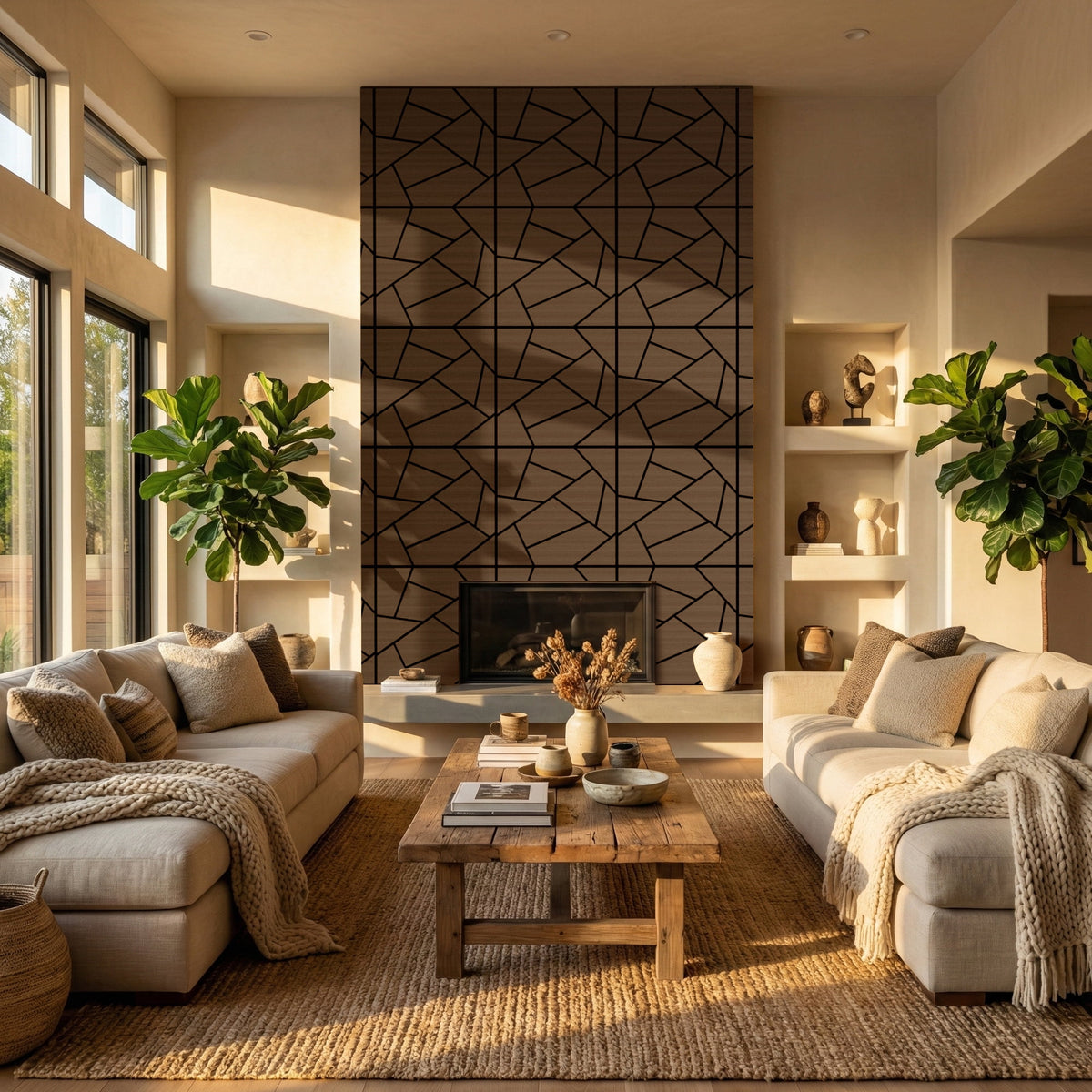 MuroPanel Abstract Polygon Acoustic Wood Slat Wall Tiles 4-Pack 24"x24", Modern 3D Wall Panels, Walnut