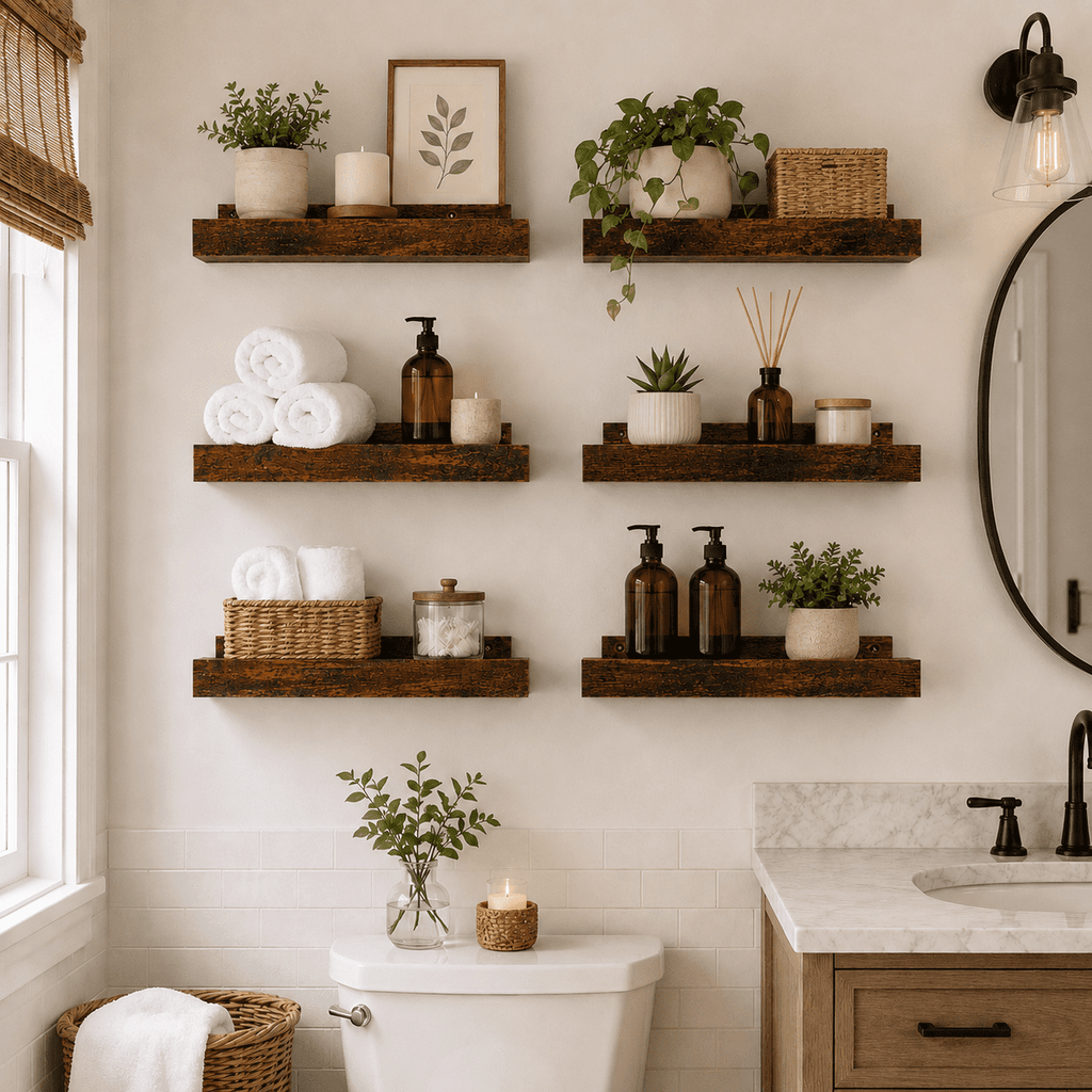 KAIWIN Floating Shelves for Wall, 15.7In Brown Wall Shelves for Decor Storage Set of 6, Wall Mounted Wood Shelves for Bedroom, Living Room, Bathroom, Kitchen