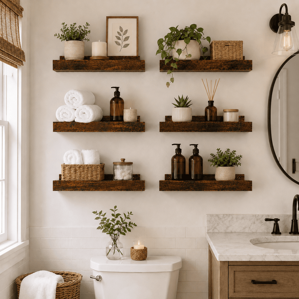 KAIWIN Floating Shelves for Wall, 15.7In Brown Wall Shelves for Decor Storage Set of 6, Wall Mounted Wood Shelves for Bedroom, Living Room, Bathroom, Kitchen
