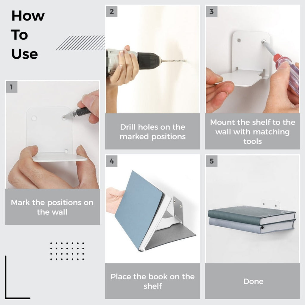 4Pcs Invisible Floating Bookshelves, Wall-Mounted Floating Book Organizers, Heavy-Duty Metal Book Storage Holders, Wall Ledge Shelves for Bedroom, Living Room, Office
