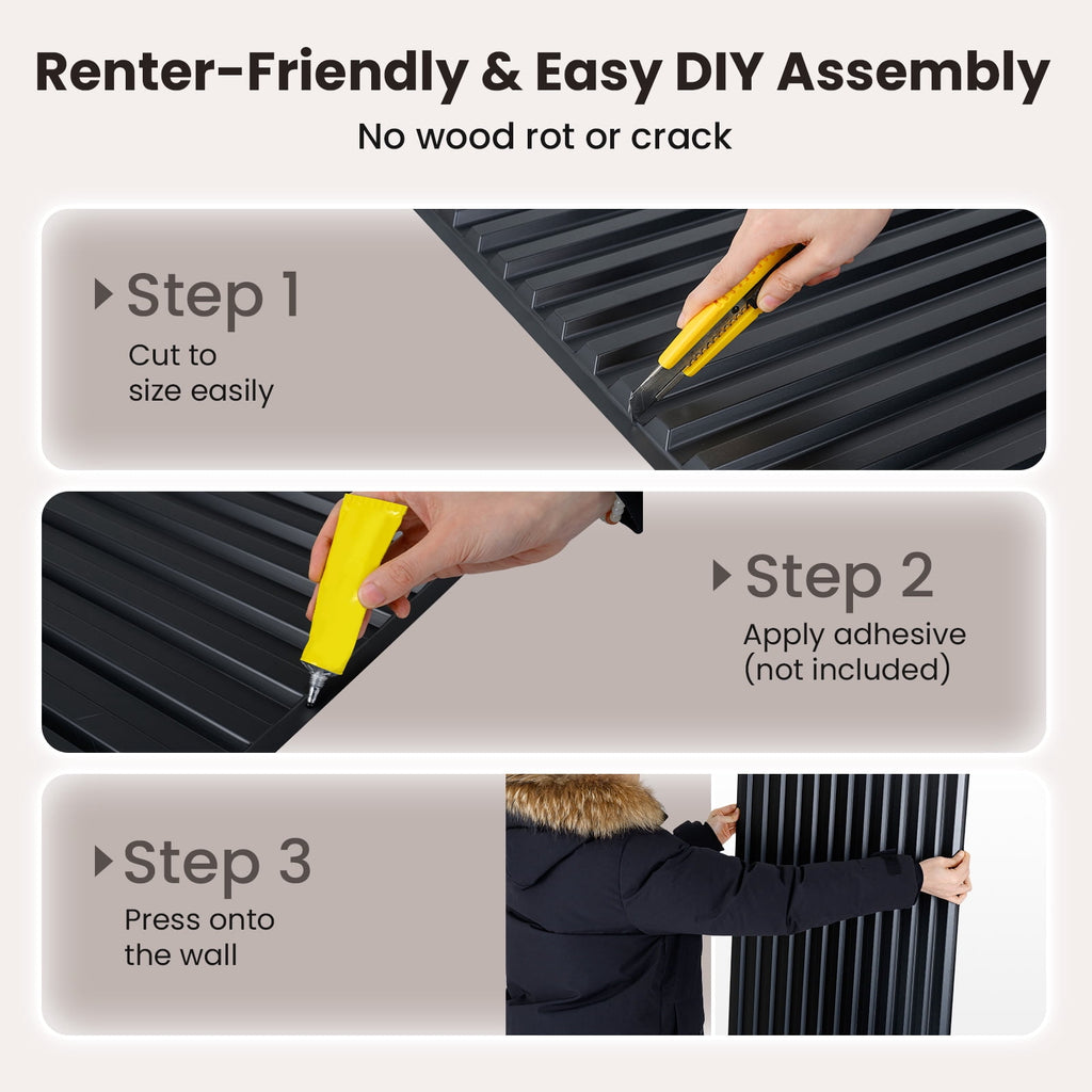 Costway 12-Pack PVC Slat Wall Panels, 3D Fluted Panels for Interior Wall Decoration Black