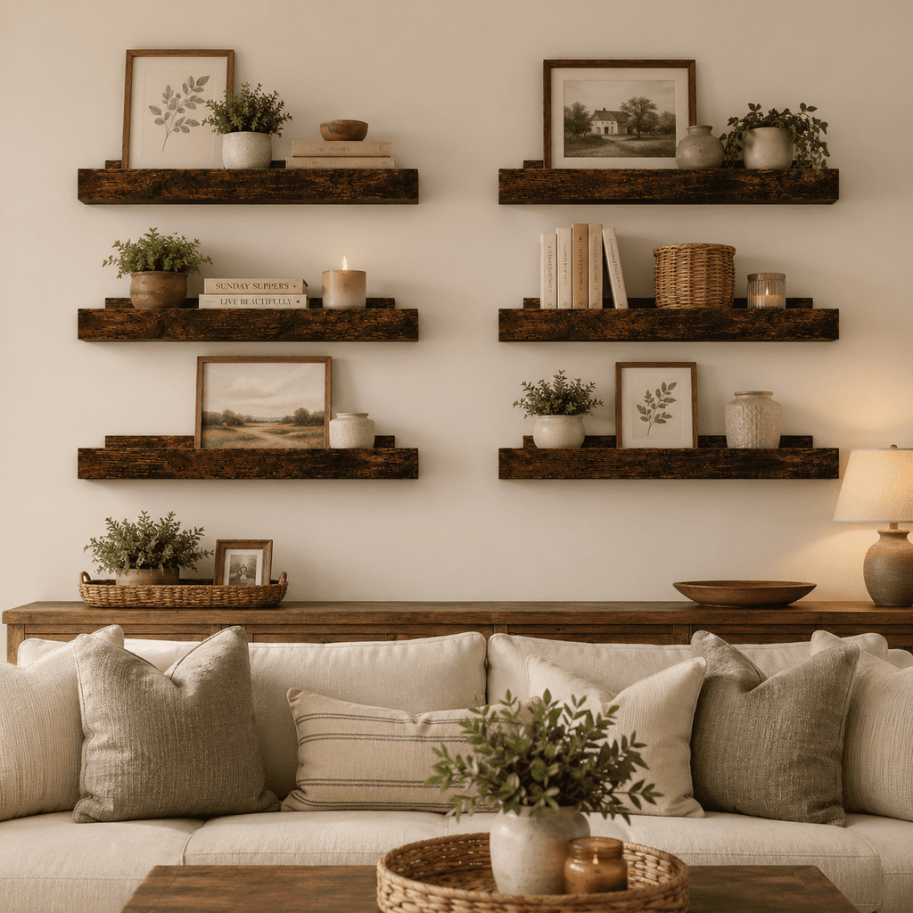 KAIWIN Floating Shelves for Wall, 15.7In Brown Wall Shelves for Decor Storage Set of 6, Wall Mounted Wood Shelves for Bedroom, Living Room, Bathroom, Kitchen