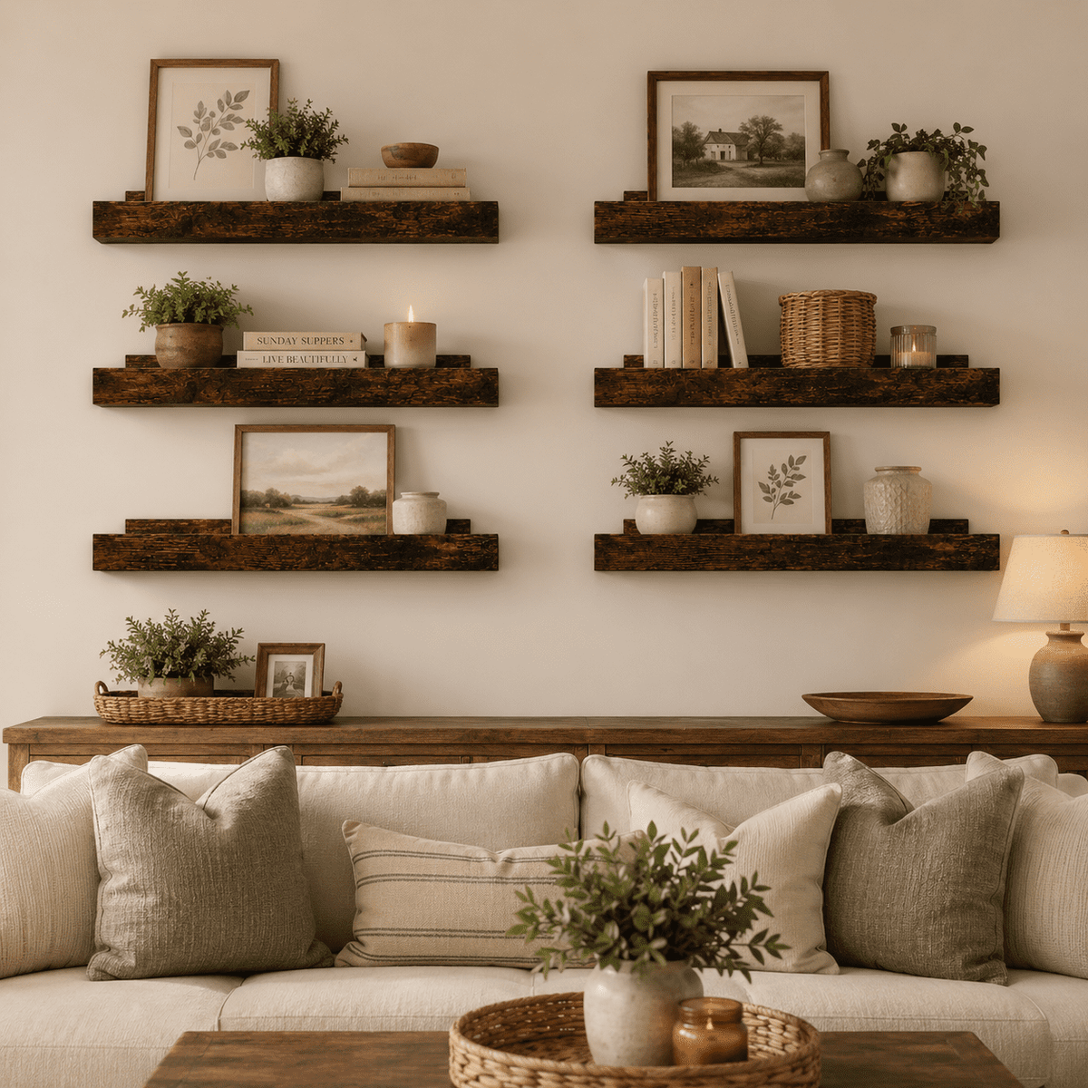 KAIWIN Floating Shelves for Wall, 15.7In Brown Wall Shelves for Decor Storage Set of 6, Wall Mounted Wood Shelves for Bedroom, Living Room, Bathroom, Kitchen