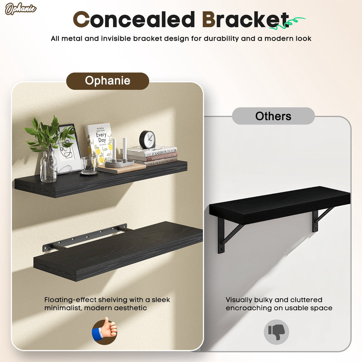 Ophanie 22.5 inch 3 Pack Wood Floating Shelves, Hanging Float Shelf for Wall Mounted Decorative Shelves, 6.7 x 23 Inch, Set of 3, Black