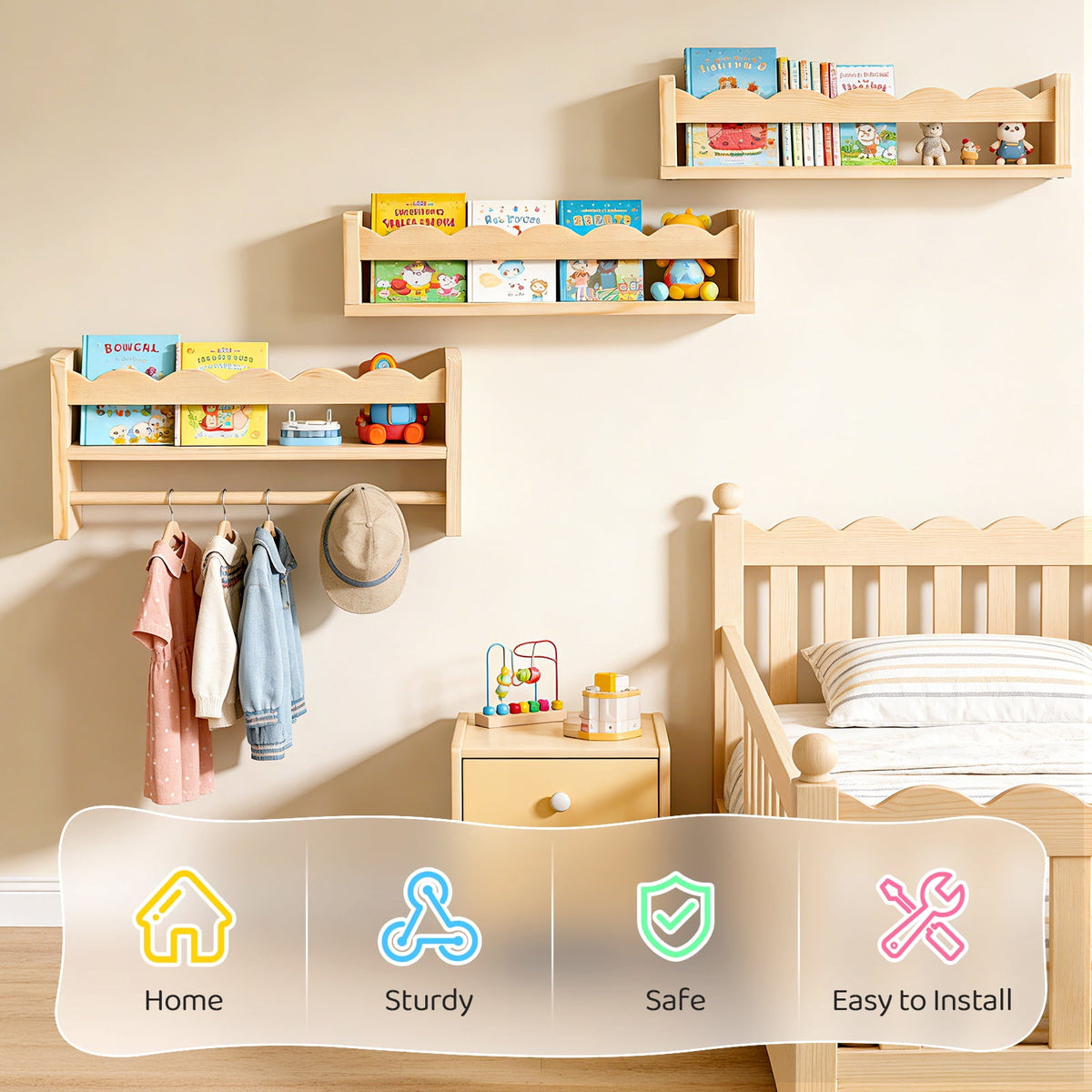 AMTPM Nursery Book Shelves, Wood Floating Shelves for Wall Kids, Scalloped Wall Shelves with Towel Rack for Bedroom Kids Toddler Room, Baby Room, Nursery Decor and Storage(3 Pack)