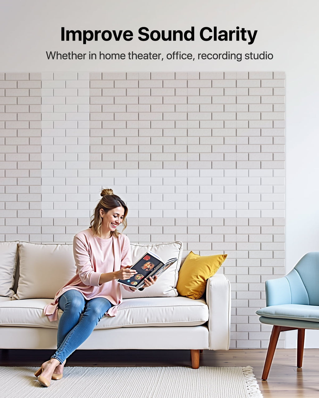 Soundsbay Acoustic Panels Sound Proofing Brick Self-Adhesive Soundproof Absorbing Noise Cancelling Wall Panels 12 Pack White 12'' x 12'' x 0.4''