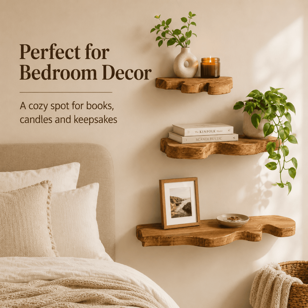 MEHOOM Set of 3 Live Edge Solid Wooden Floating Shelves, Rustic Farmhouse Vintage Wall Shelf Display Decor for Living Room, Bathroom, Bedroom, Brown