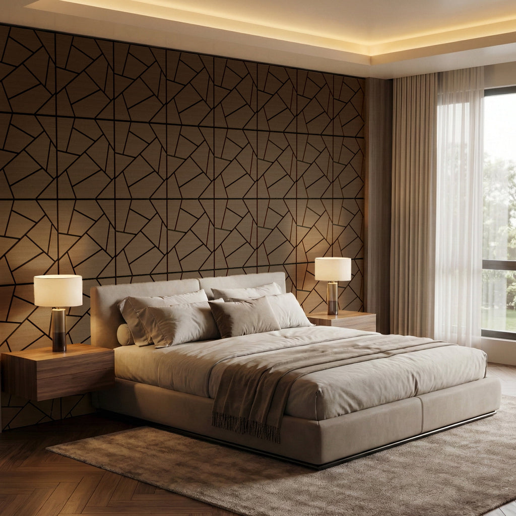 MuroPanel Abstract Polygon Acoustic Wood Slat Wall Tiles 4-Pack 24"x24", Modern 3D Wall Panels, Walnut
