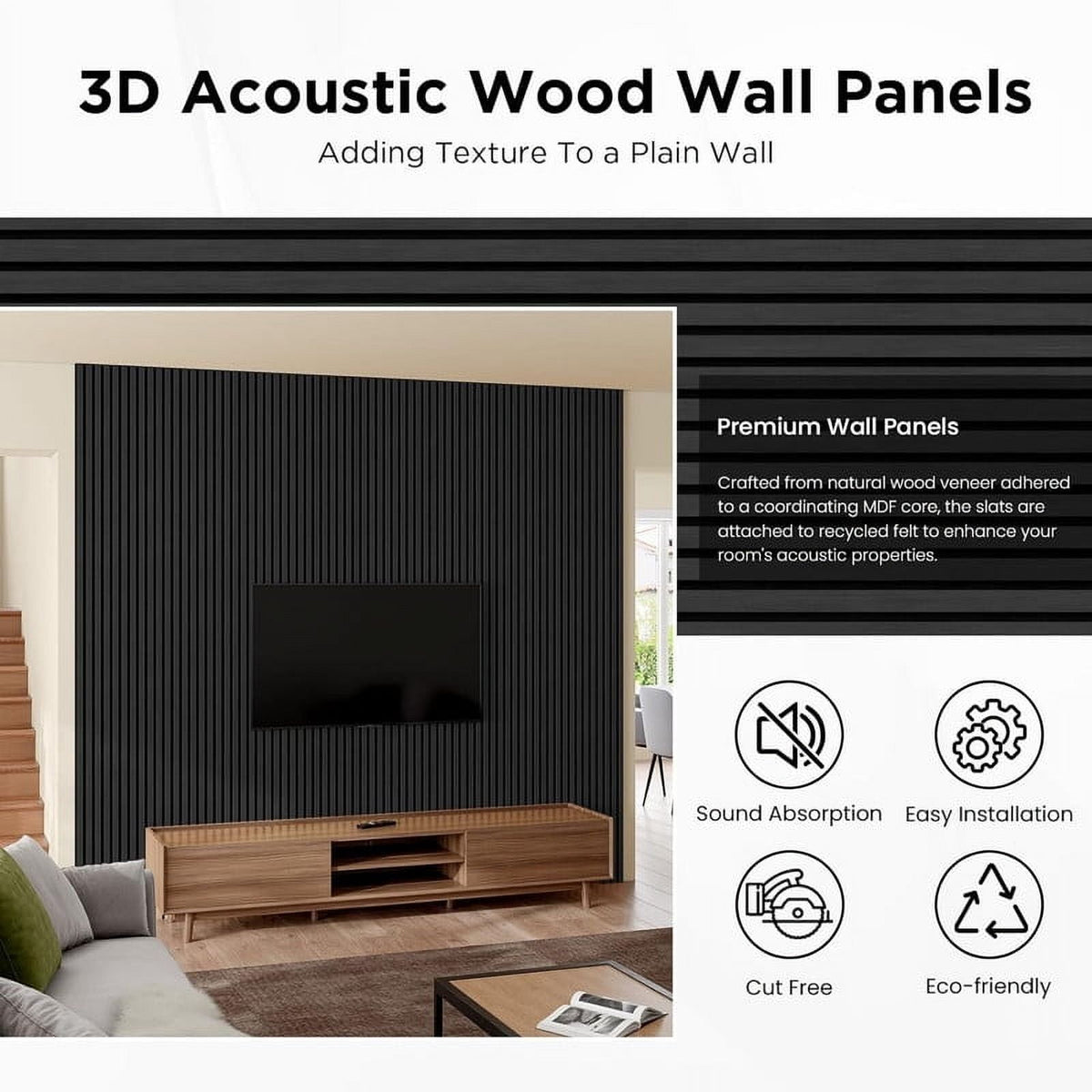 Easy4Home 4Pcs Wood Soundproof Wall Panels 94.5" x 12.6" Wood Slat Acoustic Panels, Black Oak