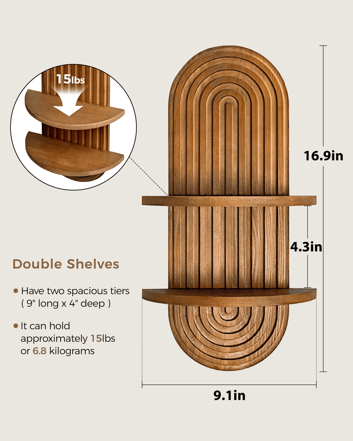 Bamworld Boho Wall Decor Brown Plant Wall Shelf, 2 pcs Mid Century Modern Decor Hanging Plant Shelf, 2-Tier Wooden Floating Shelves for Bathroom, Living Room, Bedroom, Office Planter Decoration